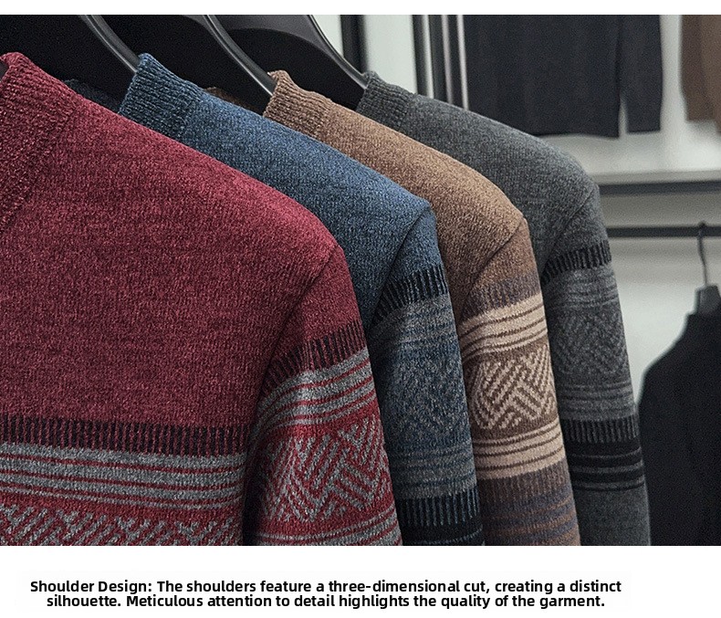 Men's Fleece Lined Striped Knit Sweater Crew Neck Long Sleeve Warm Pullover