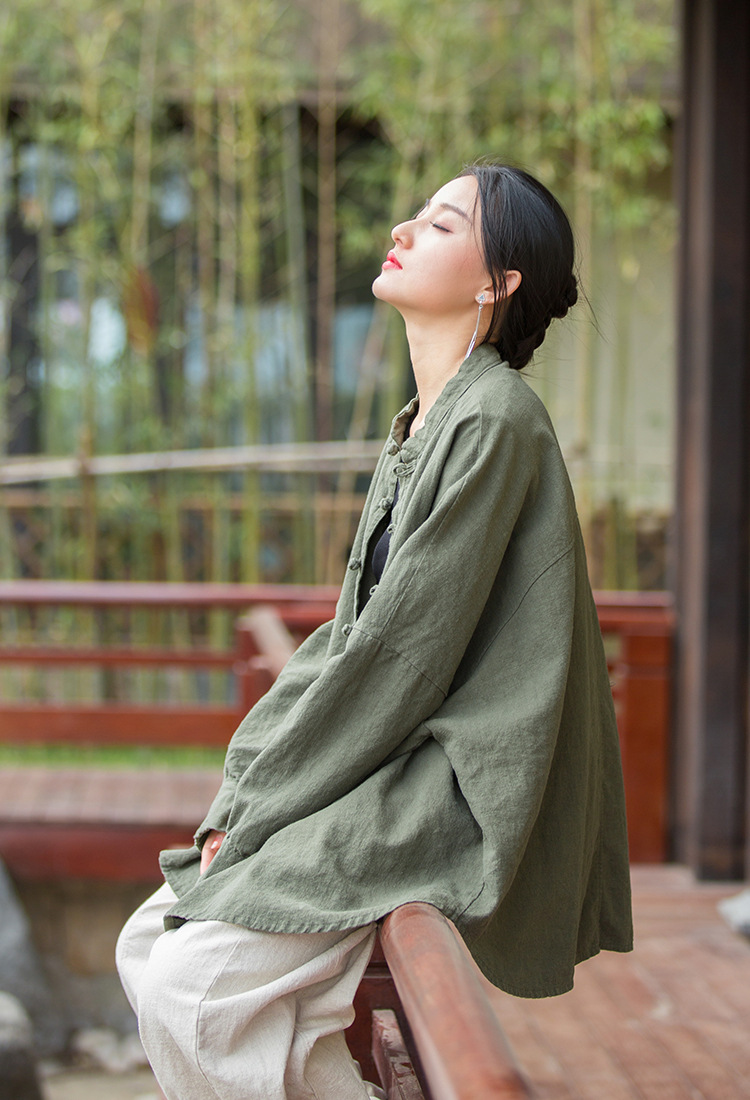 Women's Ramie Cotton Blend Sand-Washed Distressed Stand Collar Cardigan Jacket