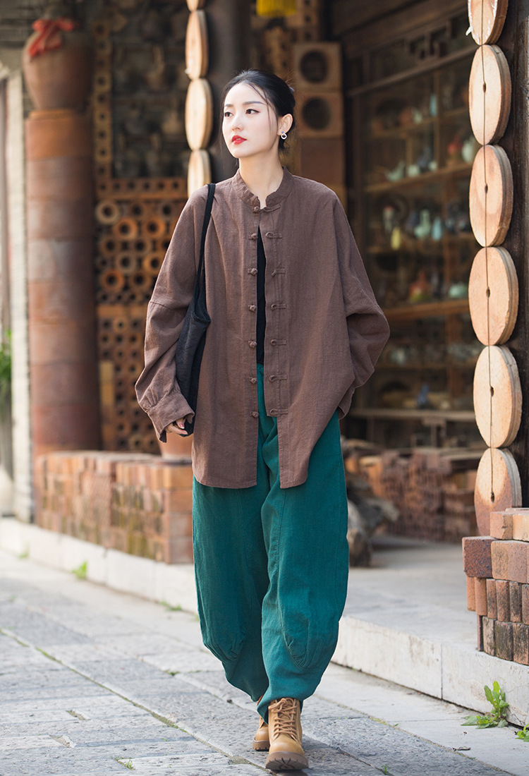 Women's Ramie Cotton Blend Sand-Washed Distressed Stand Collar Cardigan Jacket