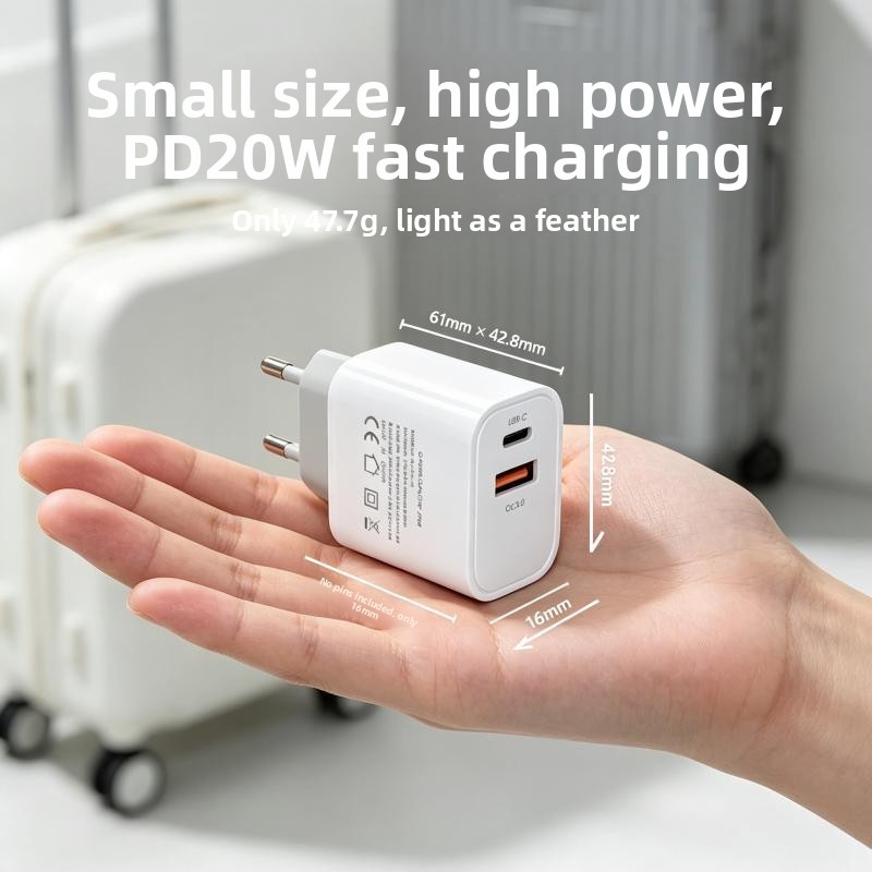 20W PD Dual Port USB-C USB-A QC3.0 Fast Charger EU Plug White