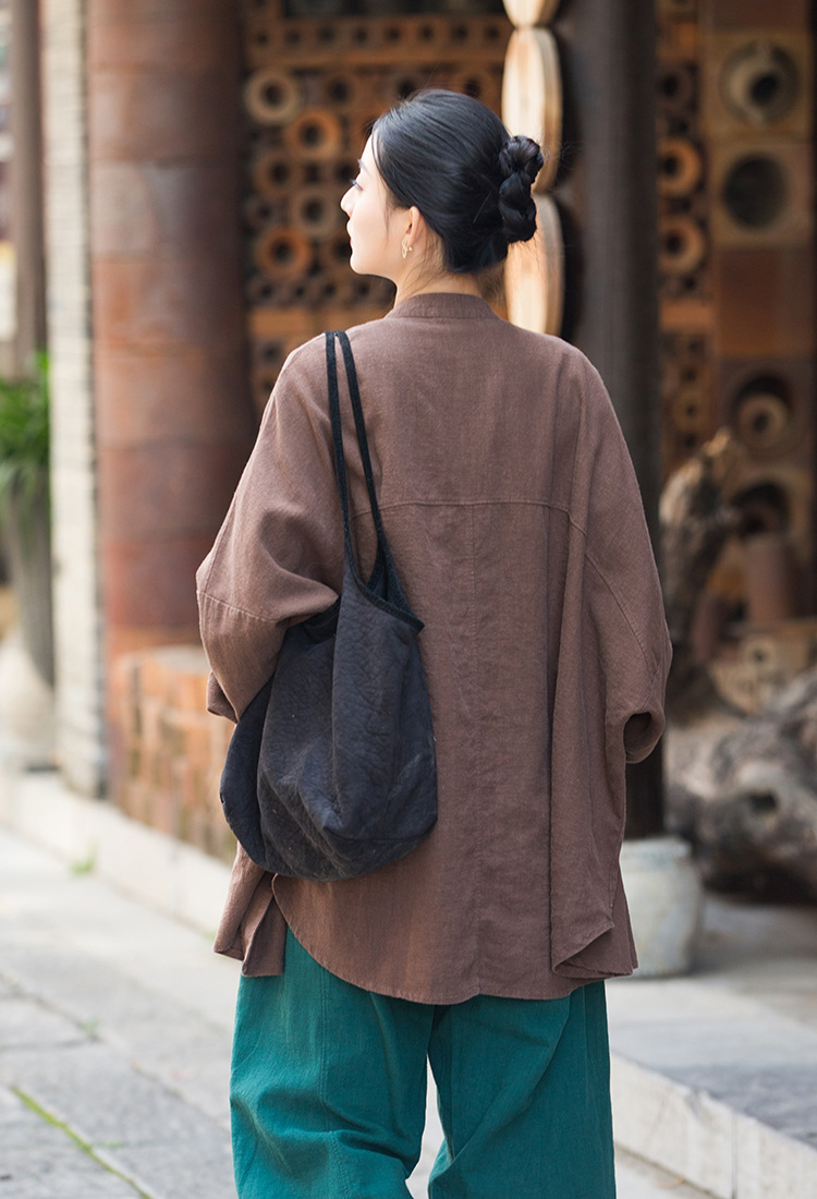 Women's Ramie Cotton Blend Sand-Washed Distressed Stand Collar Cardigan Jacket