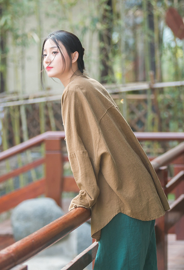 Women's Ramie Cotton Blend Sand-Washed Distressed Stand Collar Cardigan Jacket