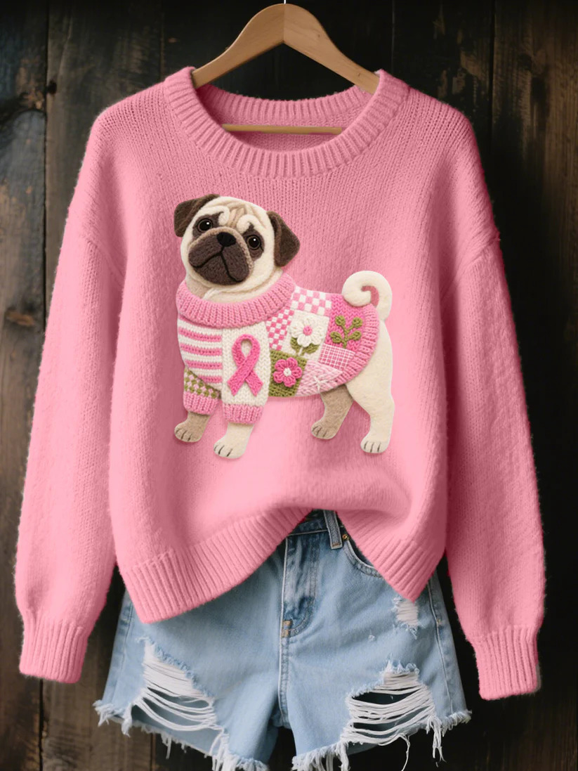 Womens 3D Printed Round Neck Chunky Knit Sweater