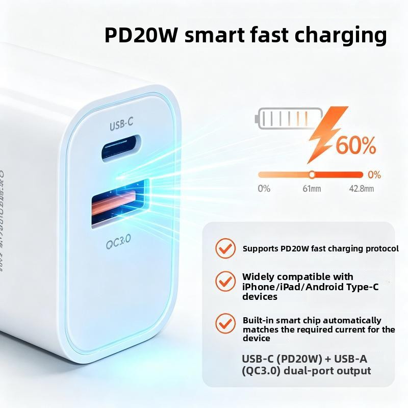 20W PD Dual Port USB-C USB-A QC3.0 Fast Charger EU Plug White