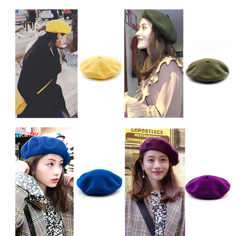 Retro Solid Color Wool Beret Hat for Women, Autumn Winter Adjustable Painter Cap