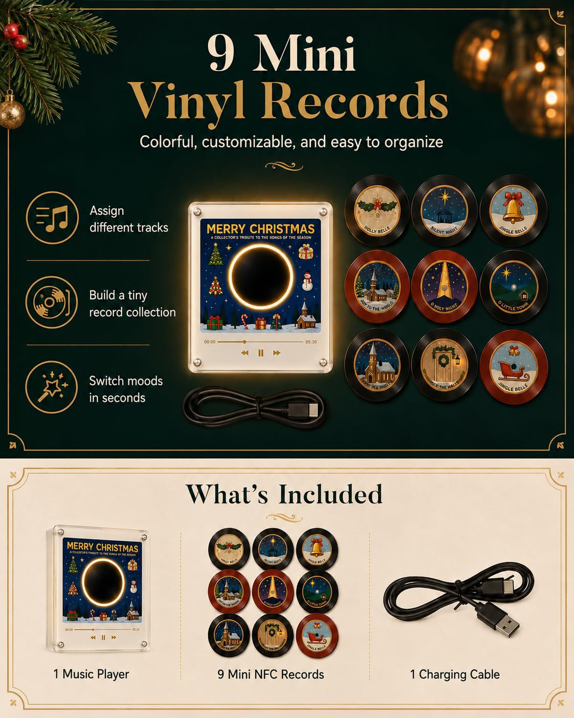Christmas Musical Fridge Magnet Light-Up Rotating NFC Record Player Set
