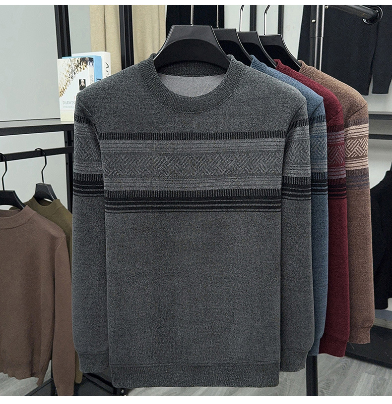 Men's Fleece Lined Striped Knit Sweater Crew Neck Long Sleeve Warm Pullover