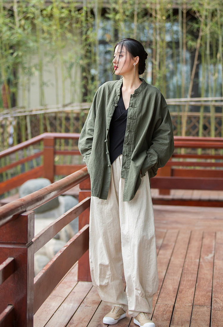 Women's Ramie Cotton Blend Sand-Washed Distressed Stand Collar Cardigan Jacket