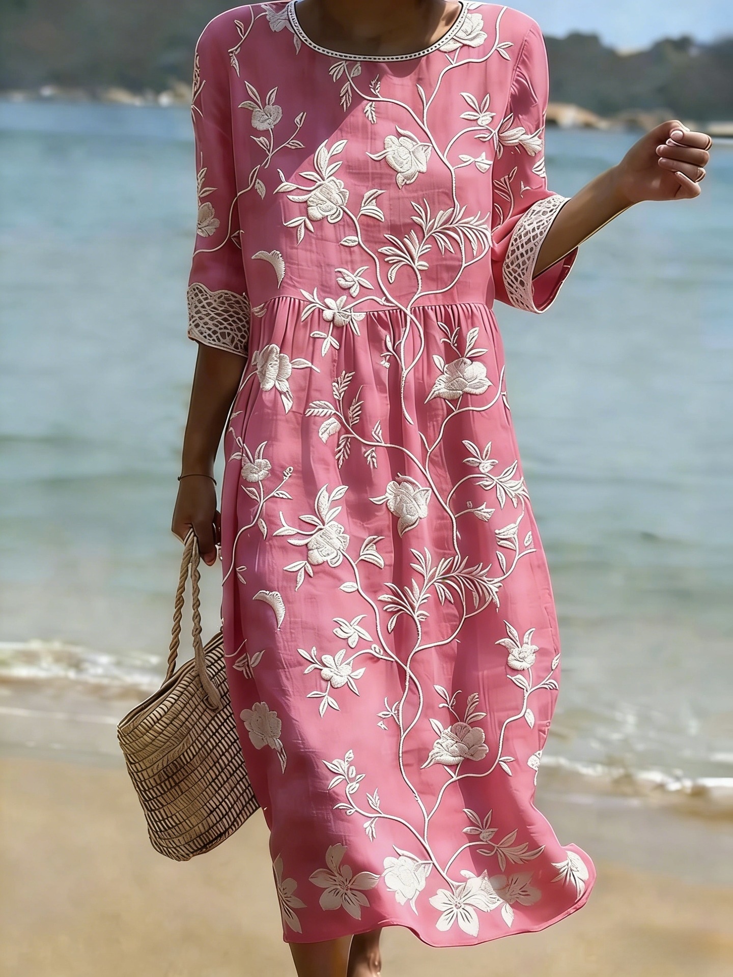 Women's floral print long-sleeved round-neck dress