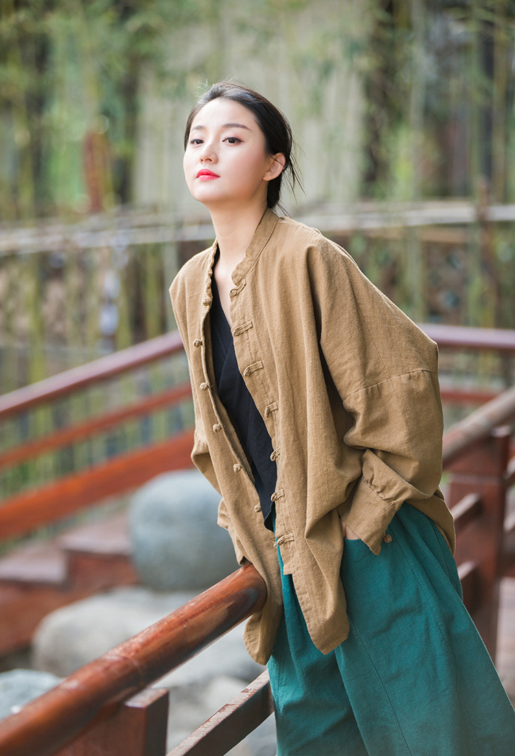 Women's Ramie Cotton Blend Sand-Washed Distressed Stand Collar Cardigan Jacket