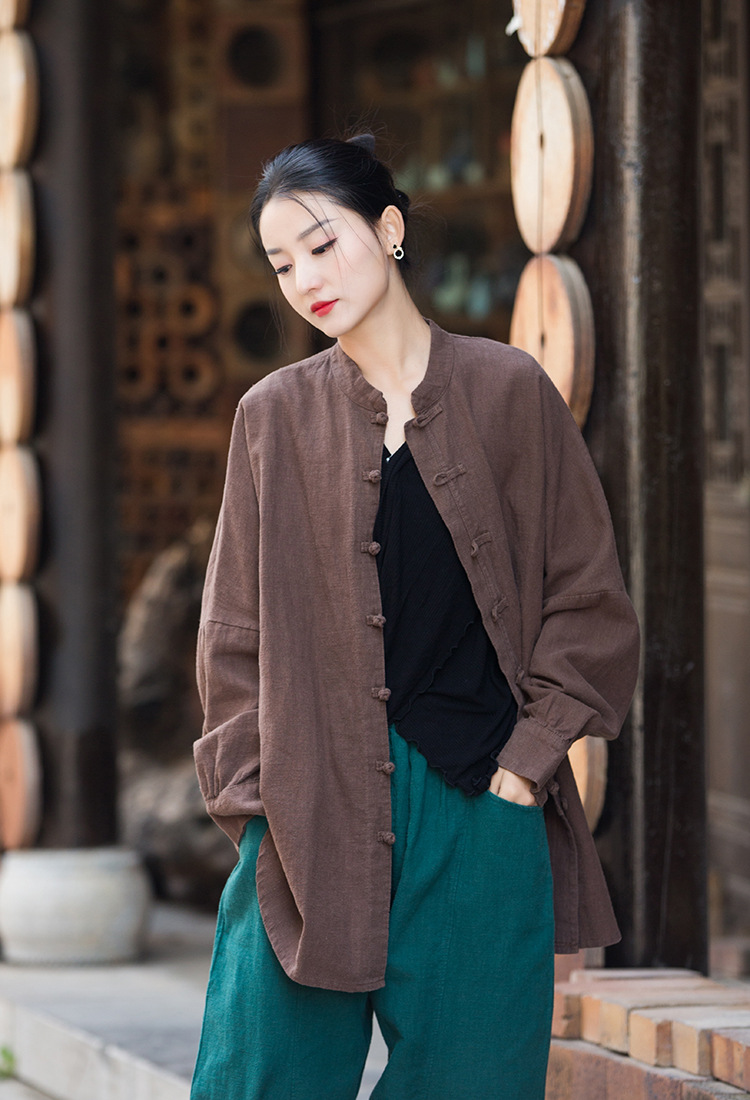 Women's Ramie Cotton Blend Sand-Washed Distressed Stand Collar Cardigan Jacket