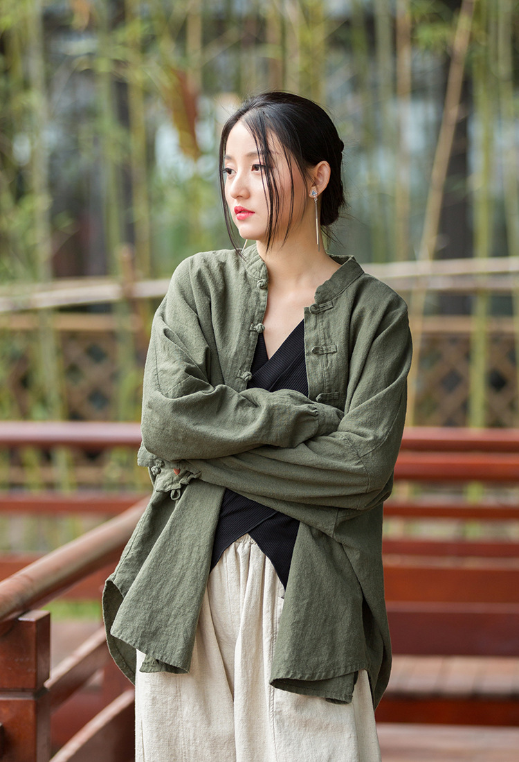 Women's Ramie Cotton Blend Sand-Washed Distressed Stand Collar Cardigan Jacket