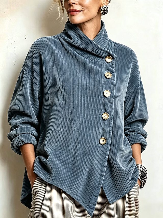retro French-style, relaxed fit, loose high-neck, asymmetrical corduroy top