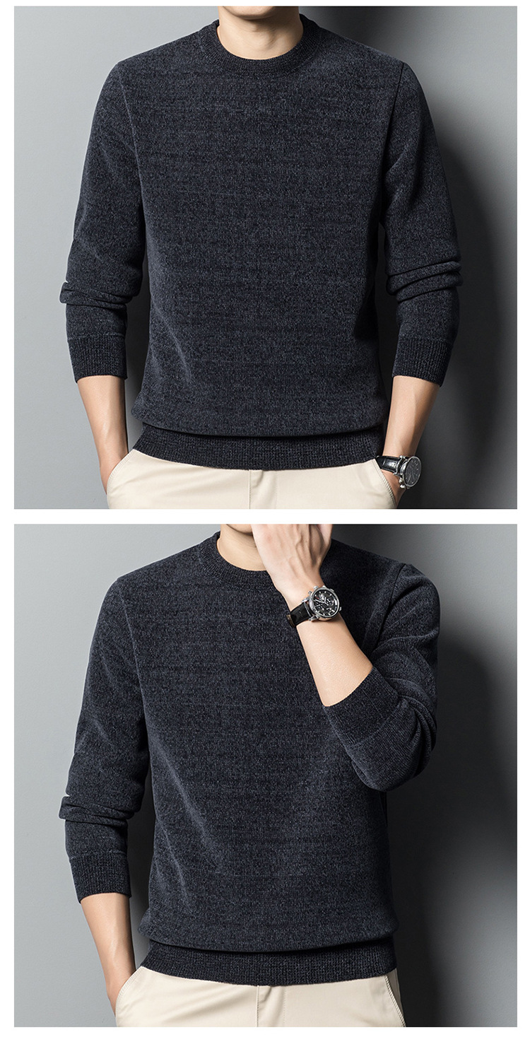 Mens Fleece Lined Chenille Pullover Round Neck Long Sleeve Winter Warm Sweater