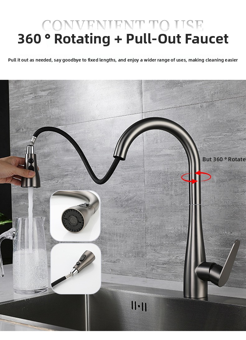 304 Stainless Steel Pull-Out Kitchen Sink Faucet with Universal Rotation Gunmetal Gray