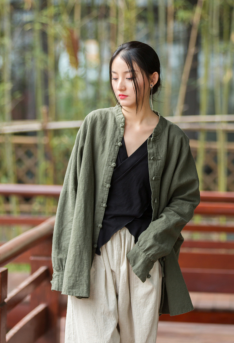 Women's Ramie Cotton Blend Sand-Washed Distressed Stand Collar Cardigan Jacket