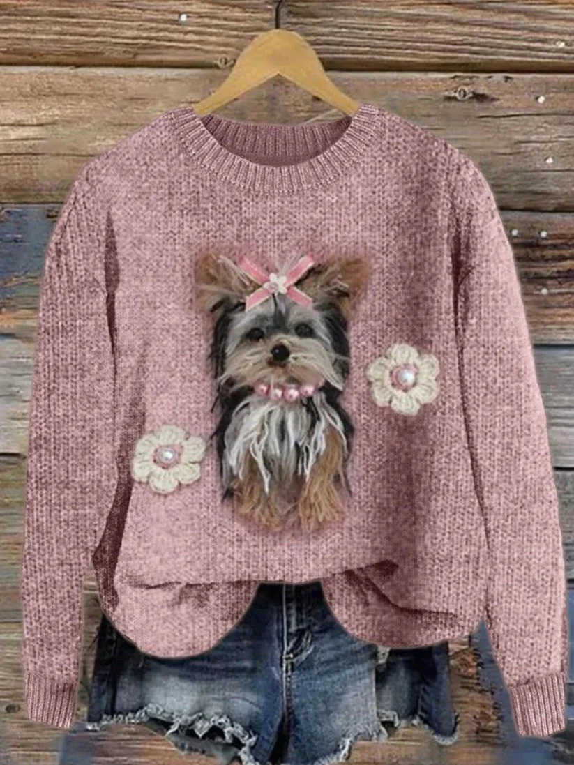 Womens 3D Printed Round Neck Chunky Knit Sweater
