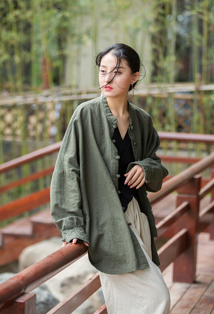 Women's Ramie Cotton Blend Sand-Washed Distressed Stand Collar Cardigan Jacket