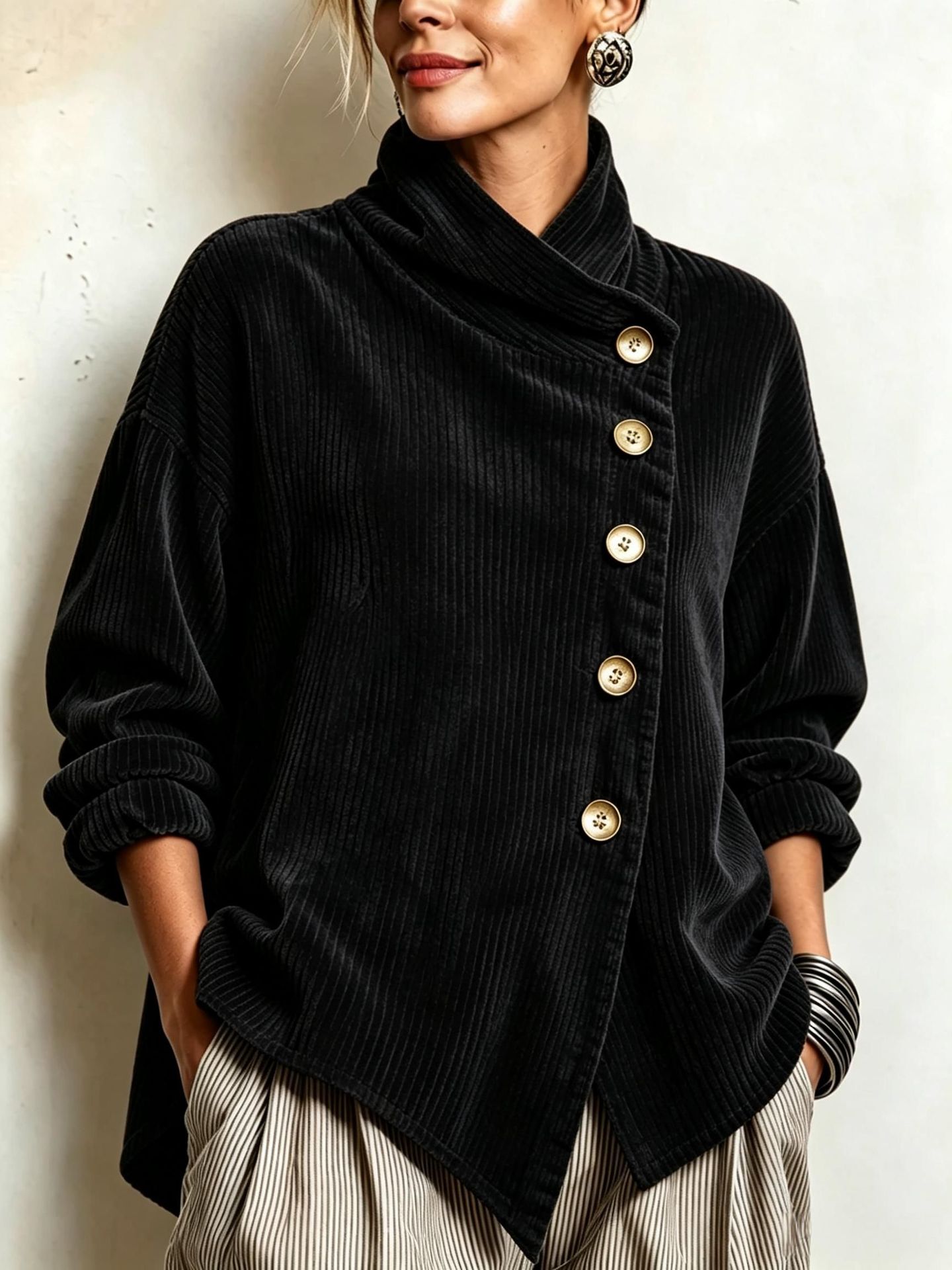 retro French-style, relaxed fit, loose high-neck, asymmetrical corduroy top