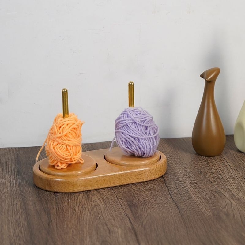 Double-Axis Rotating Wooden Desktop Spool Rack Removable Wire Storage Organizer