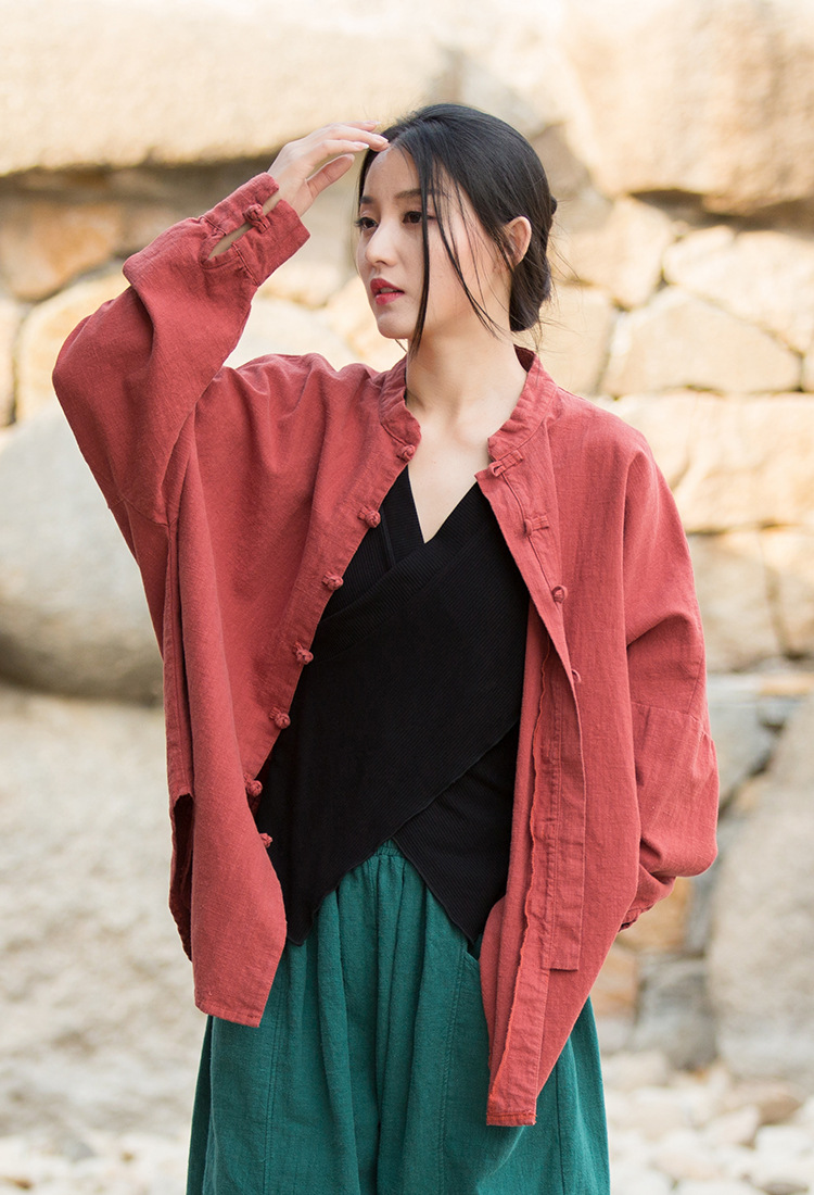 Women's Ramie Cotton Blend Sand-Washed Distressed Stand Collar Cardigan Jacket