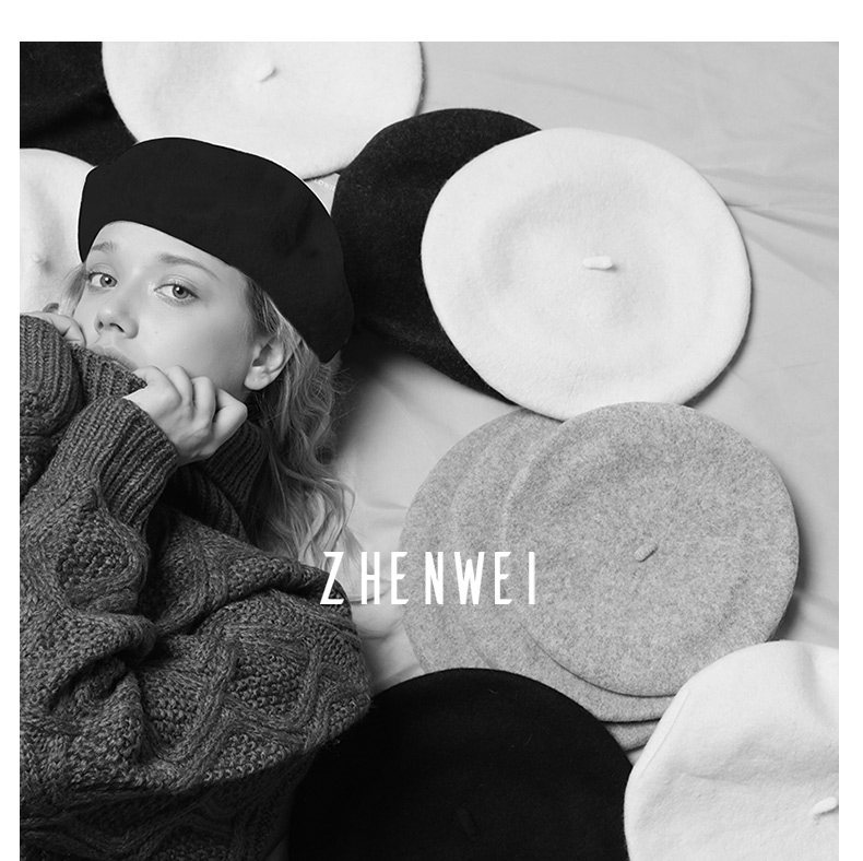 Retro Solid Color Wool Beret Hat for Women, Autumn Winter Adjustable Painter Cap