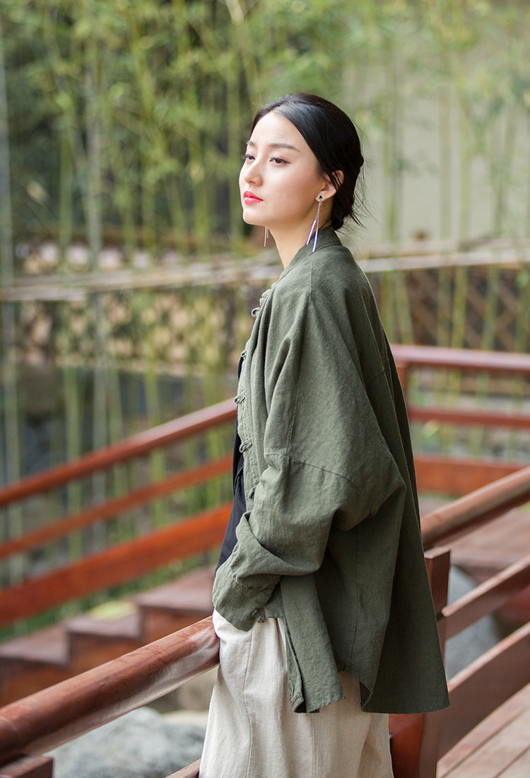 Women's Ramie Cotton Blend Sand-Washed Distressed Stand Collar Cardigan Jacket
