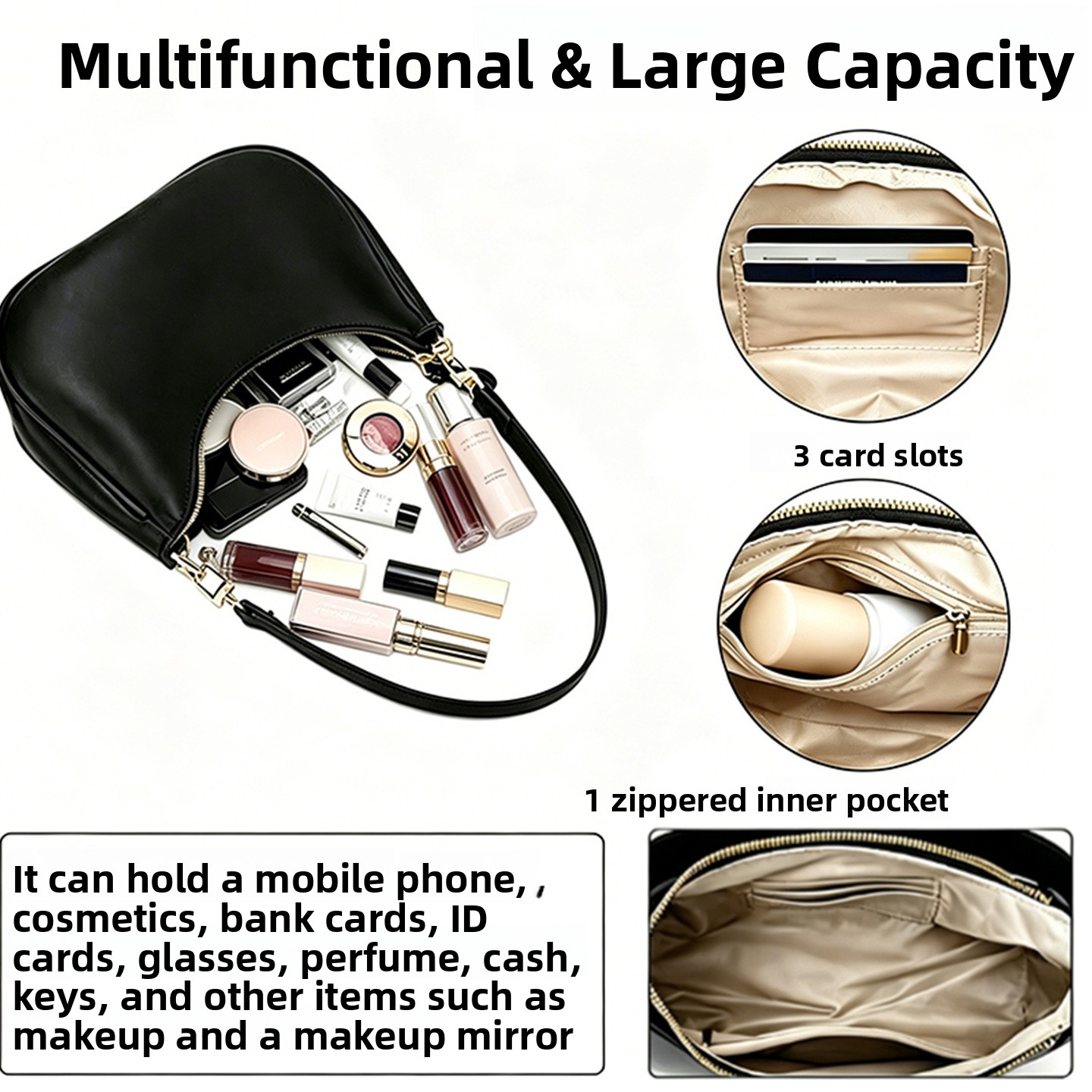 PU Leather Women's Underarm Bag Large Capacity Zipper Tote Handbag