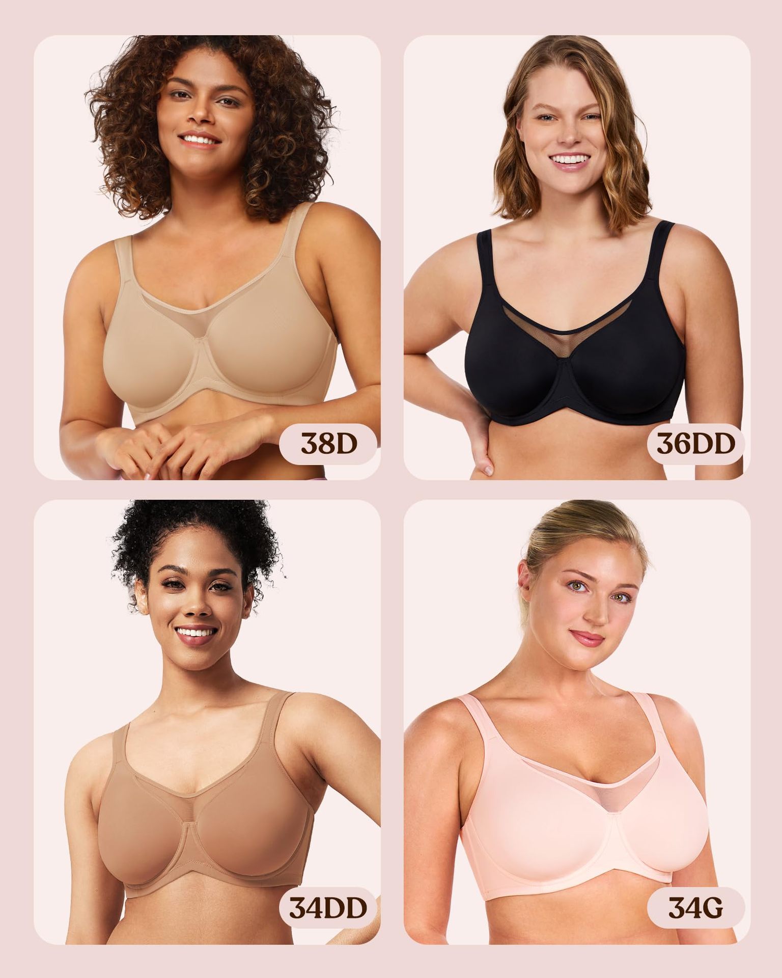 Women's Plus Size Full Cup Underwire Bra Unlined Breathable T-Shirt Bra with Wide Size Range
