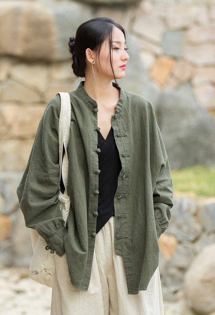 Women's Ramie Cotton Blend Sand-Washed Distressed Stand Collar Cardigan Jacket