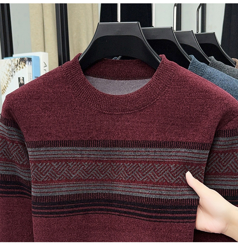 Men's Fleece Lined Striped Knit Sweater Crew Neck Long Sleeve Warm Pullover
