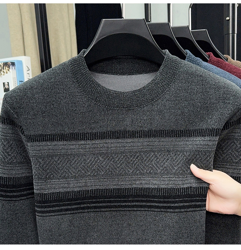 Men's Fleece Lined Striped Knit Sweater Crew Neck Long Sleeve Warm Pullover