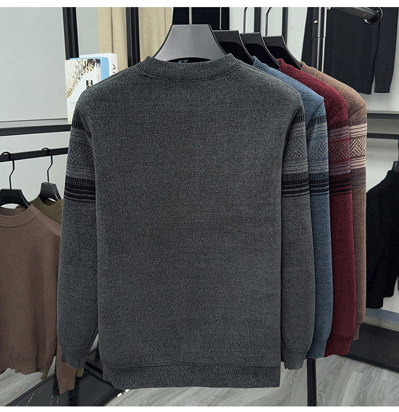 Men's Fleece Lined Striped Knit Sweater Crew Neck Long Sleeve Warm Pullover