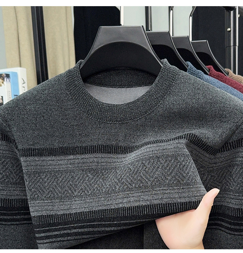 Men's Fleece Lined Striped Knit Sweater Crew Neck Long Sleeve Warm Pullover