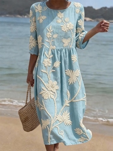 Women's floral print long-sleeved round-neck dress