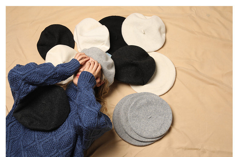 Retro Solid Color Wool Beret Hat for Women, Autumn Winter Adjustable Painter Cap