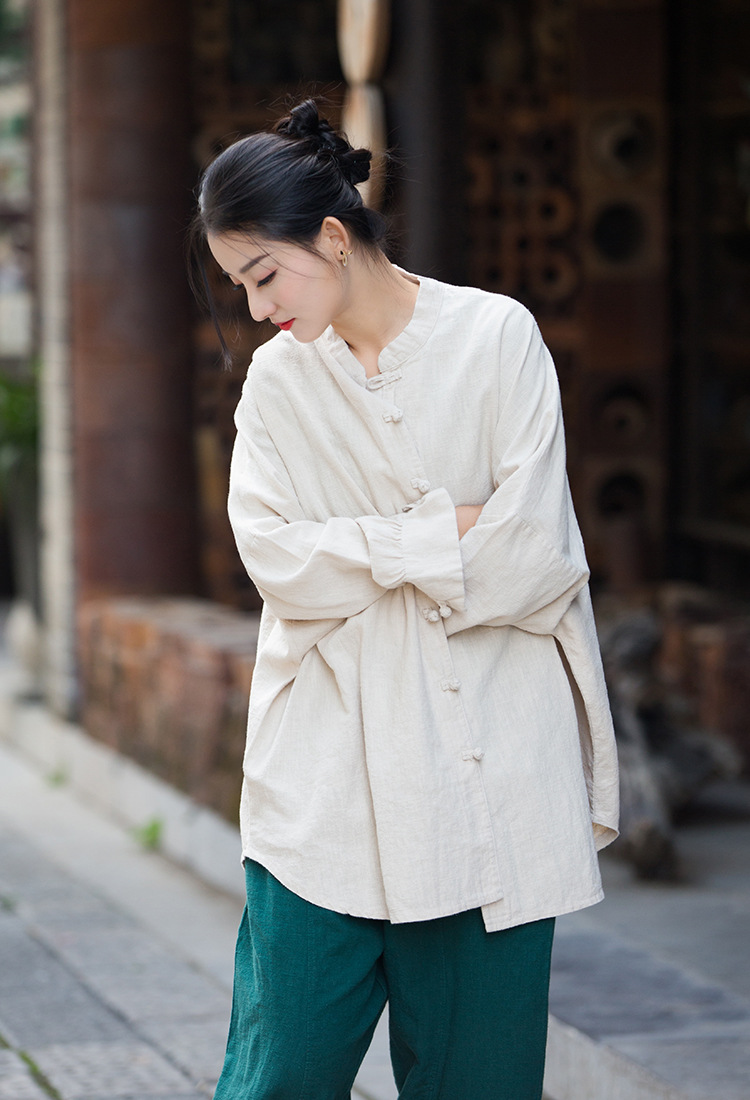 Women's Ramie Cotton Blend Sand-Washed Distressed Stand Collar Cardigan Jacket