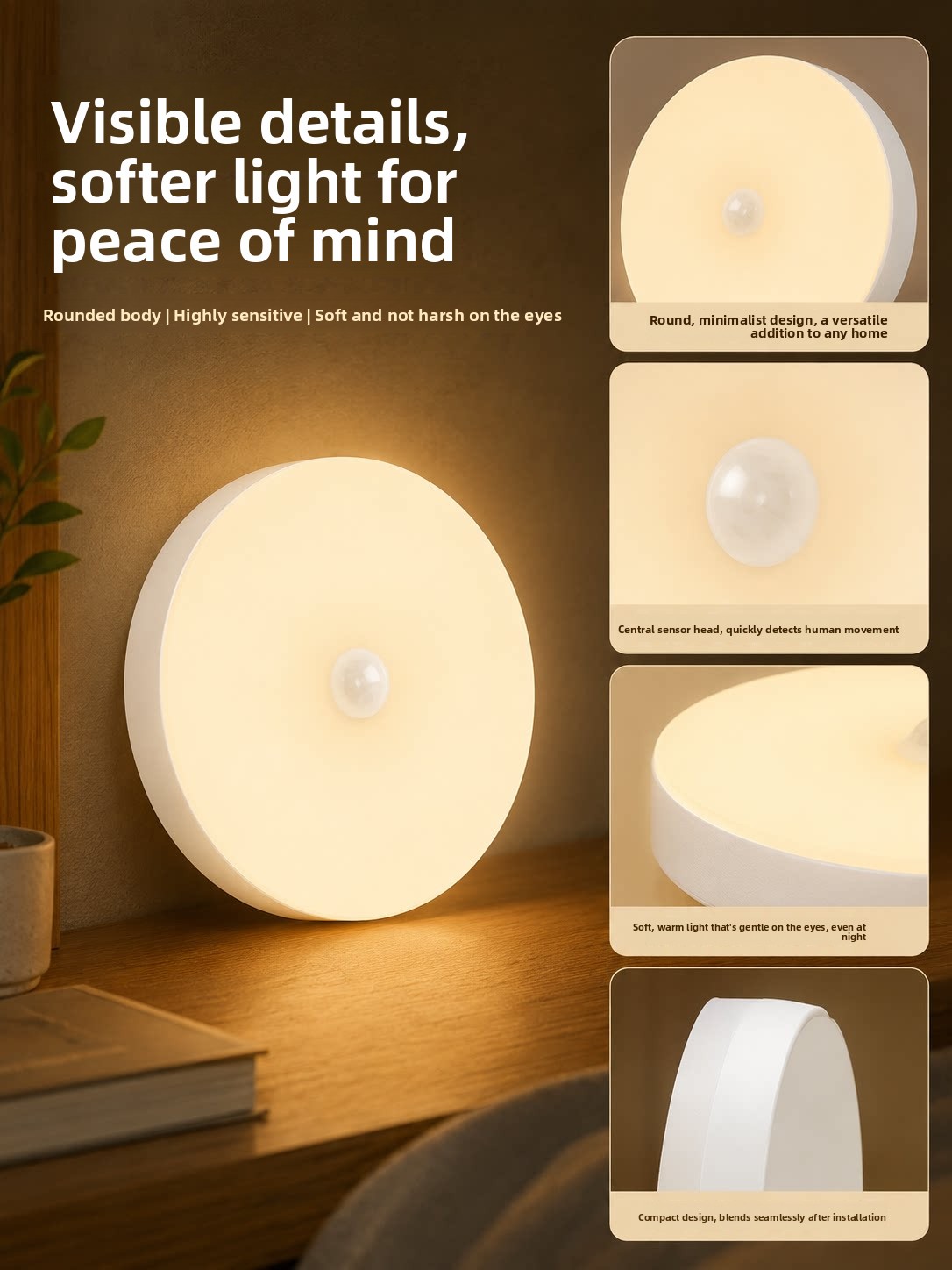 Rechargeable LED Motion Sensor Night Light USB Cordless Wall Mounted Bedside Lamp