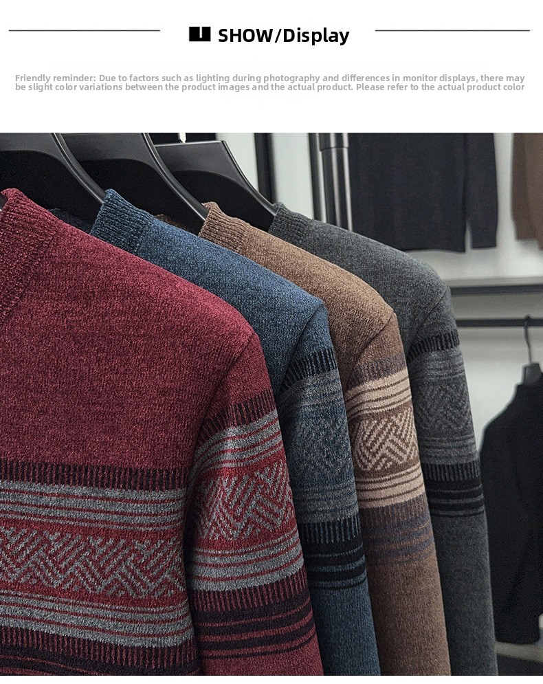 Men's Fleece Lined Striped Knit Sweater Crew Neck Long Sleeve Warm Pullover