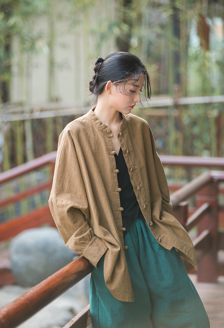 Women's Ramie Cotton Blend Sand-Washed Distressed Stand Collar Cardigan Jacket