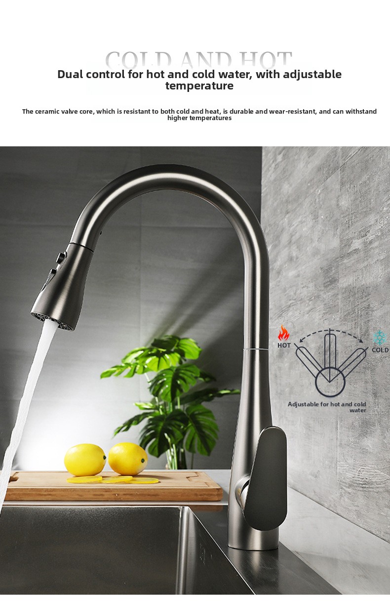 304 Stainless Steel Pull-Out Kitchen Sink Faucet with Universal Rotation Gunmetal Gray