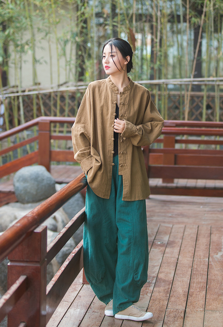Women's Ramie Cotton Blend Sand-Washed Distressed Stand Collar Cardigan Jacket