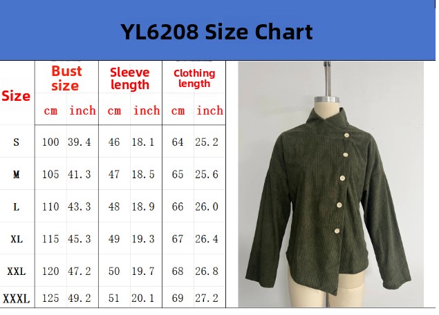 retro French-style, relaxed fit, loose high-neck, asymmetrical corduroy top