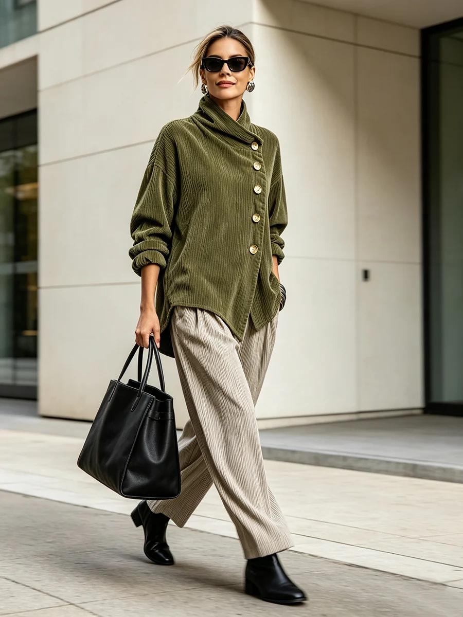 retro French-style, relaxed fit, loose high-neck, asymmetrical corduroy top