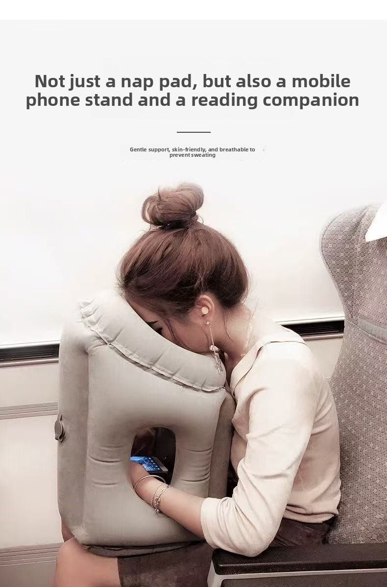 Inflatable Flocking Nap Pillow Hands-Free Travel Office Lying Down Rest Cushion