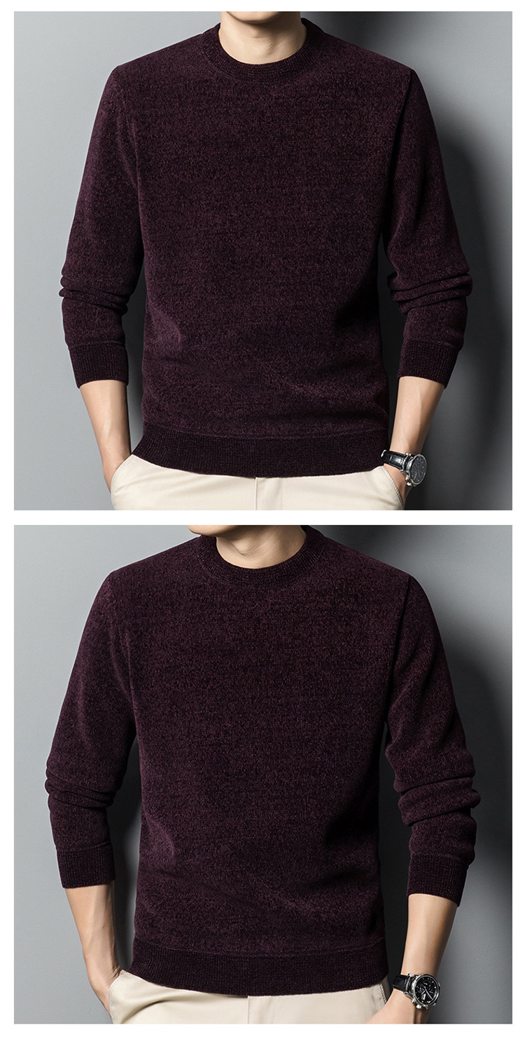 Mens Fleece Lined Chenille Pullover Round Neck Long Sleeve Winter Warm Sweater