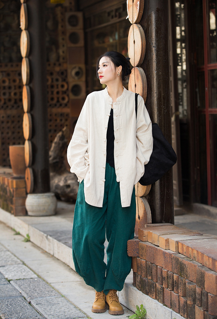 Women's Ramie Cotton Blend Sand-Washed Distressed Stand Collar Cardigan Jacket
