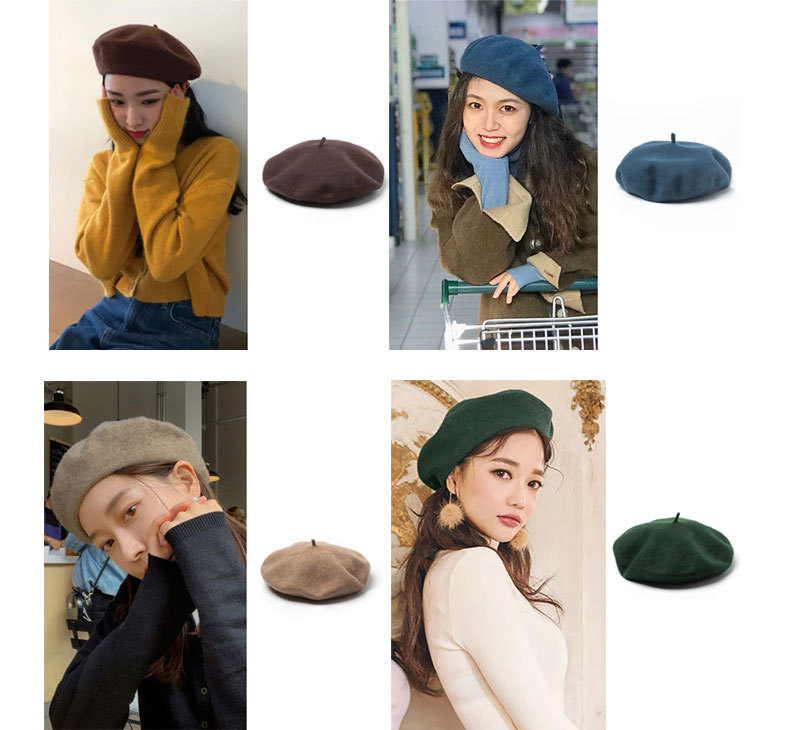Retro Solid Color Wool Beret Hat for Women, Autumn Winter Adjustable Painter Cap