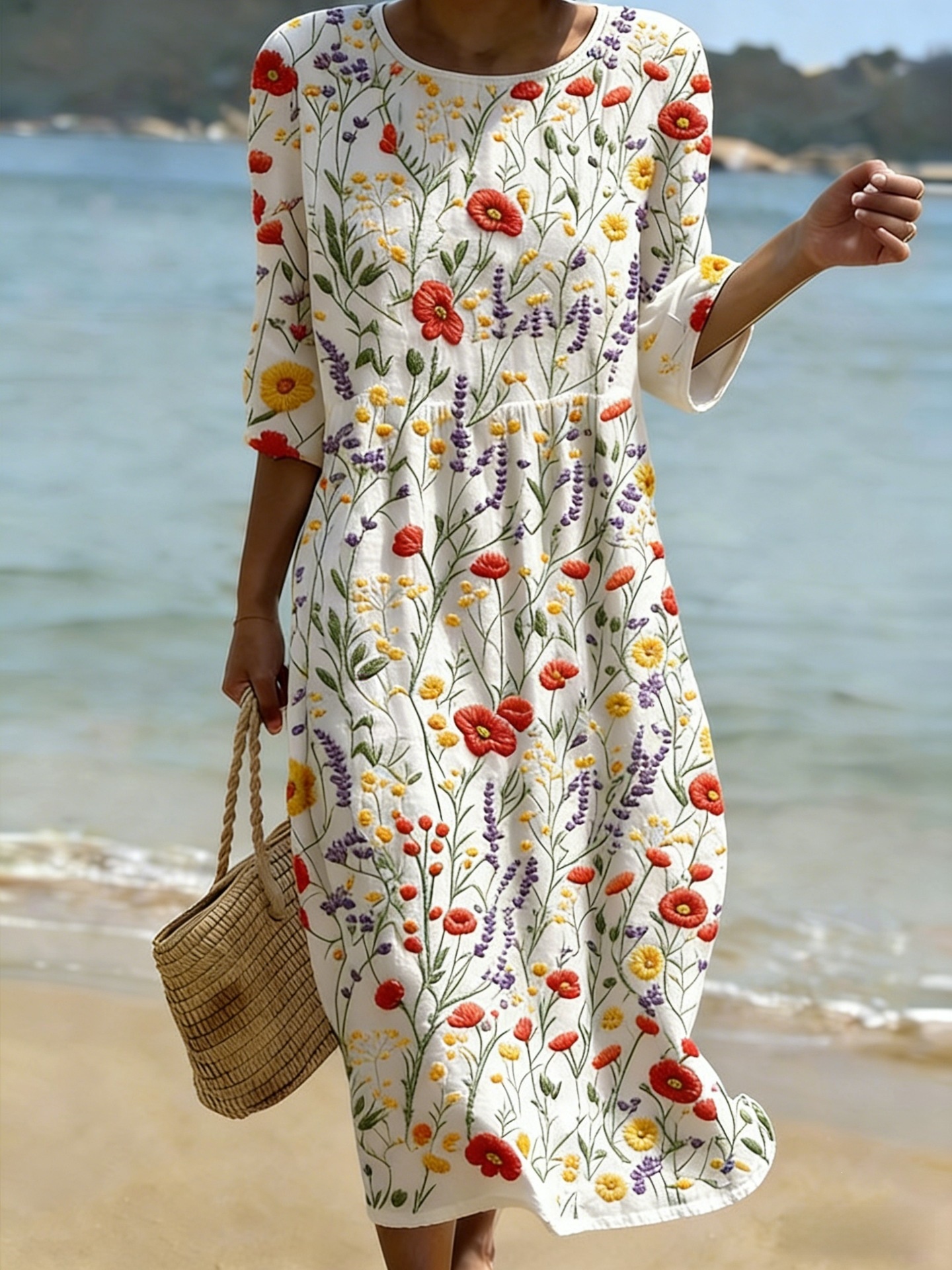 Women's floral print long-sleeved round-neck dress