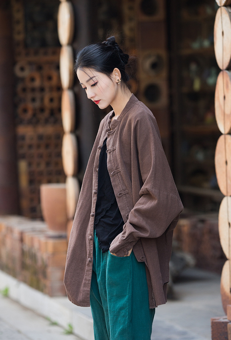Women's Ramie Cotton Blend Sand-Washed Distressed Stand Collar Cardigan Jacket